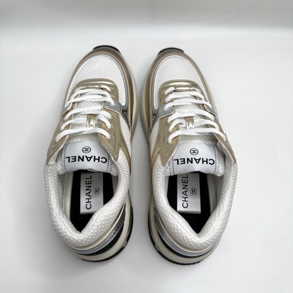 ❌❌SOLD Chanel 2023 White Black Gold Silver CC Logo Trainers Runners Sneakers - Picture 13 of 14